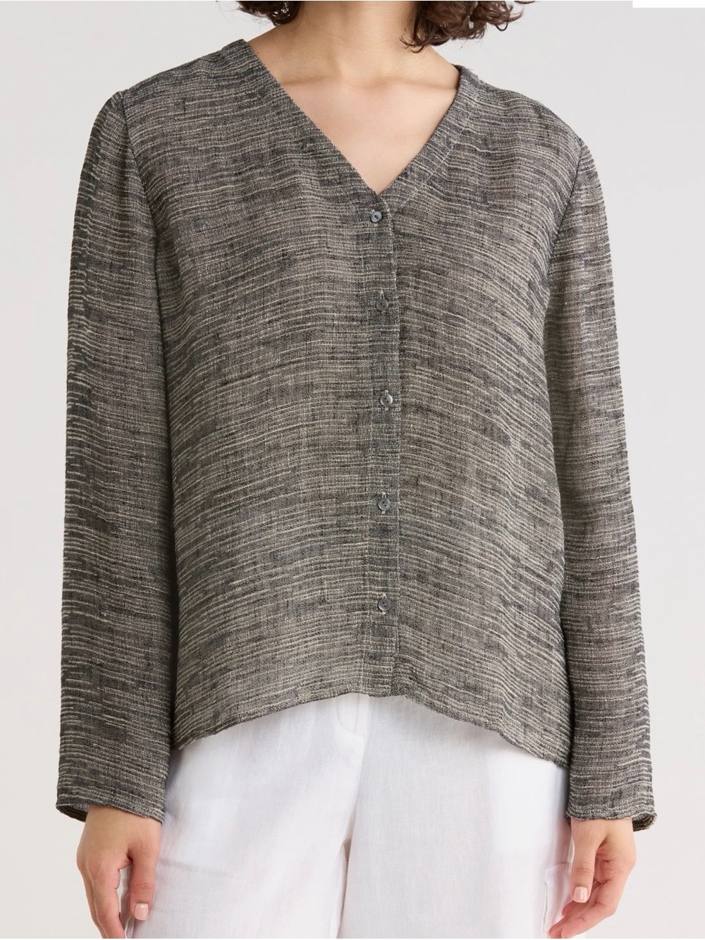 Eileen Fisher Women’s V-Neck Linen Button up Top Sz L NEW W TAG